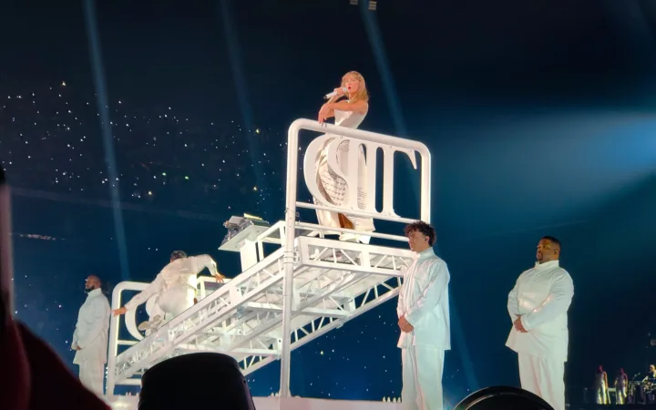 Taylor Swift performing during the Eras Tour in Paris in 2024