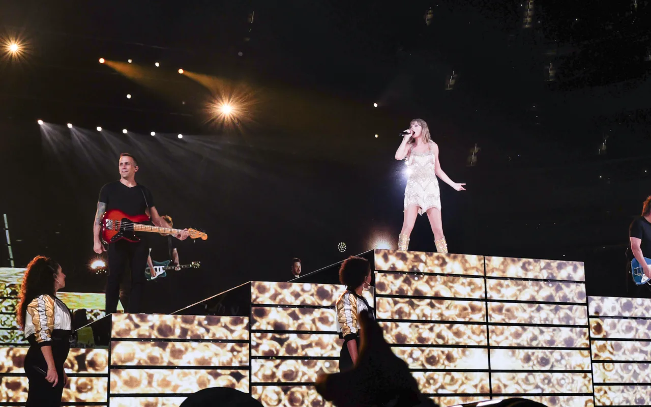Taylor Swift performing during the Fearless set of the Eras Tour at SoFi Stadium