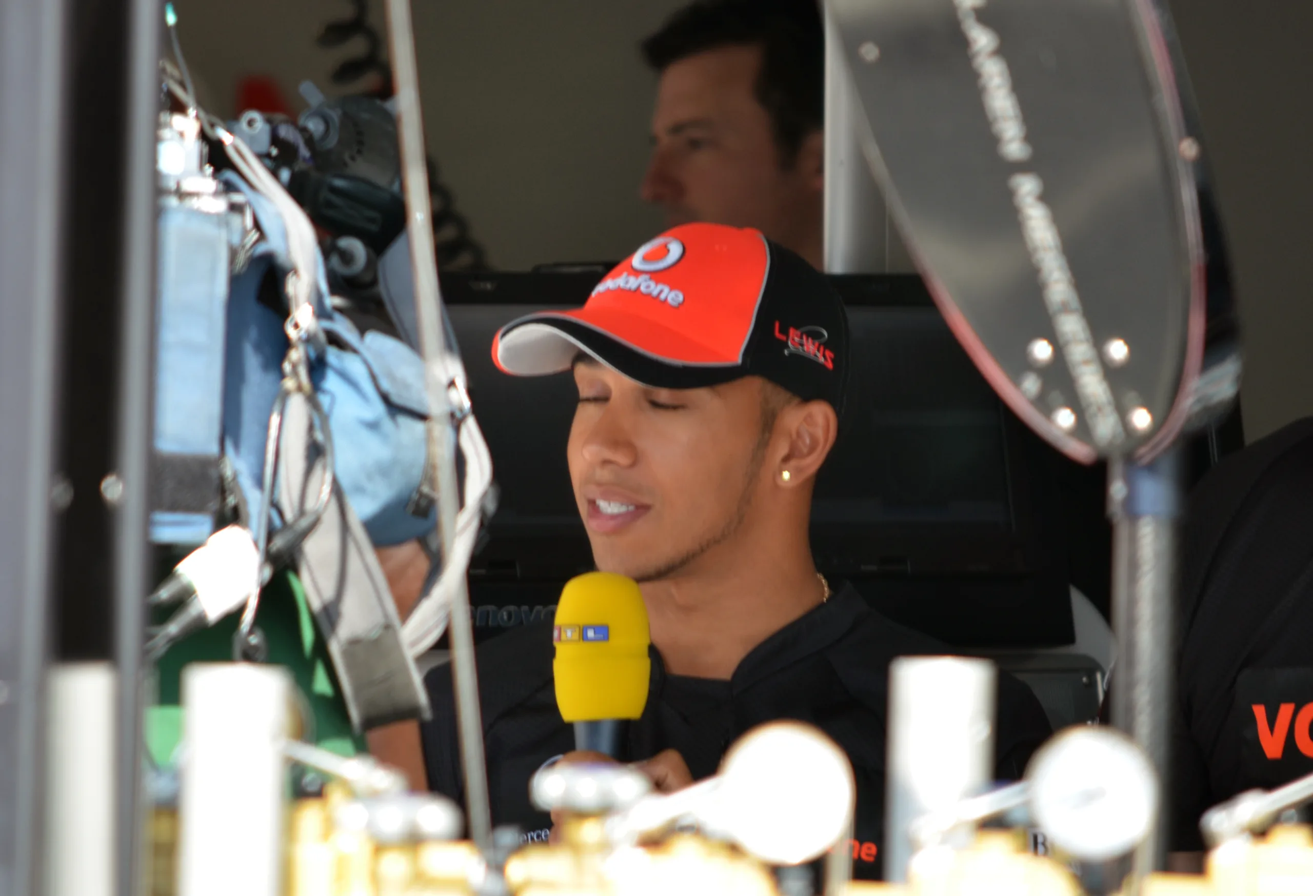 Lewis Hamilton being interviewed at the Italian Grand Prix