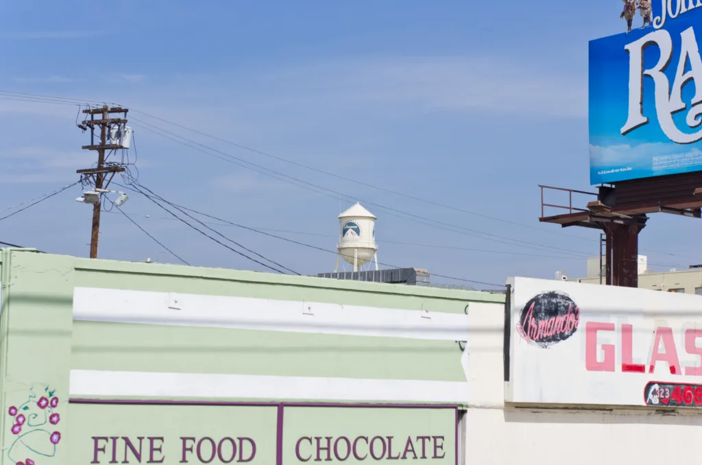View of the Paramount Pictures studio lot and water tower in Hollywood