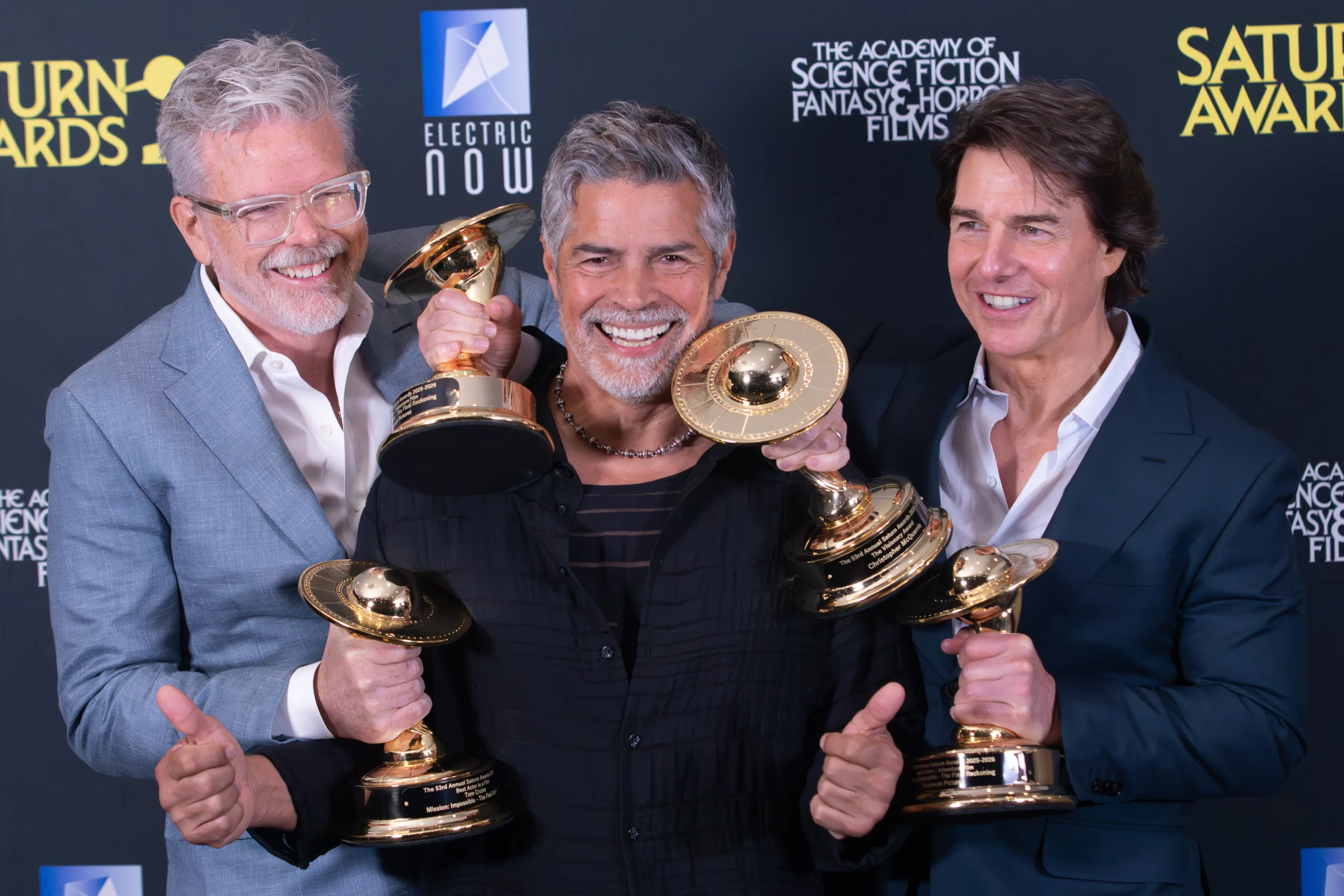 Open the featured image for Tom Cruise Digger Box Office: Why He Says Opening Weekend Is Not the Point Tom Cruise and Christopher McQuarrie at the 2026 Saturn Awards