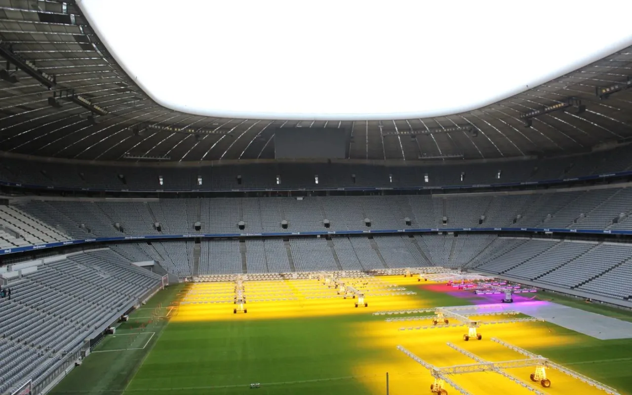 Allianz Arena interior with pitch lighting equipment in November 2017