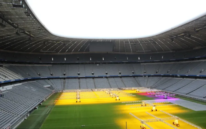 Allianz Arena interior with pitch lighting equipment in November 2017
