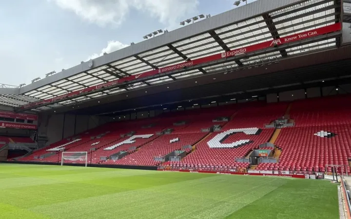 The Kop stand and pitch at Anfield in May 2024