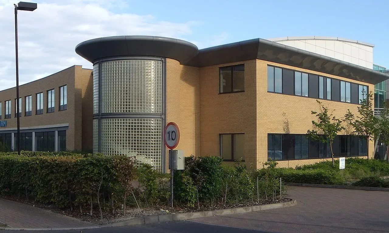 Arm office building at Peterhouse Technology Park in Cambridge in an archival panoramic photograph