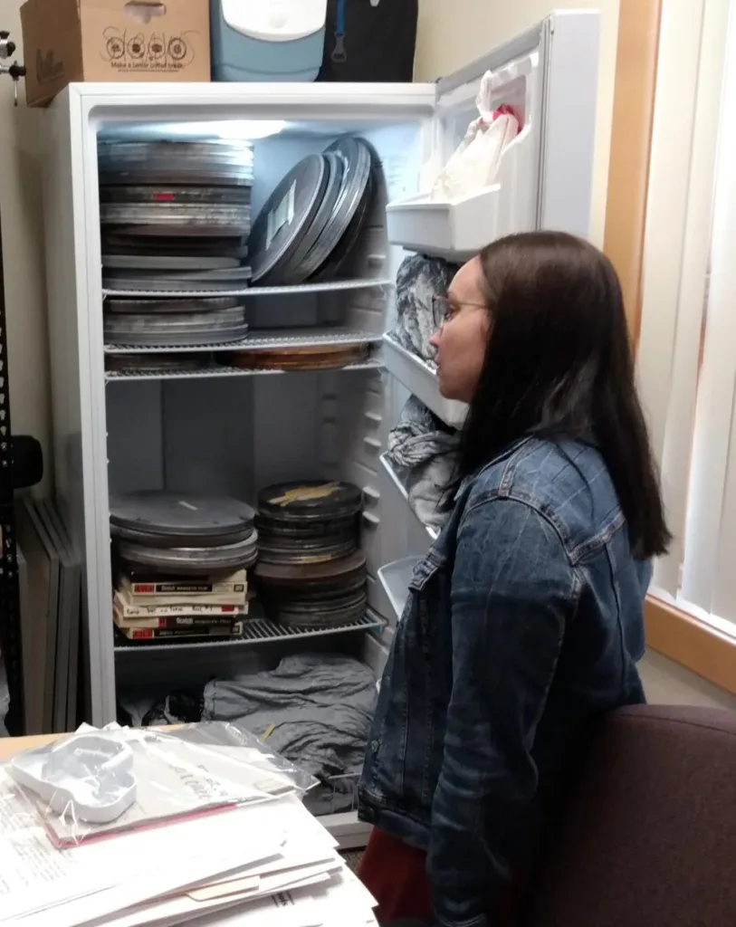 Film canisters are stored in a cold-storage cabinet at the Scott County Historical Society.