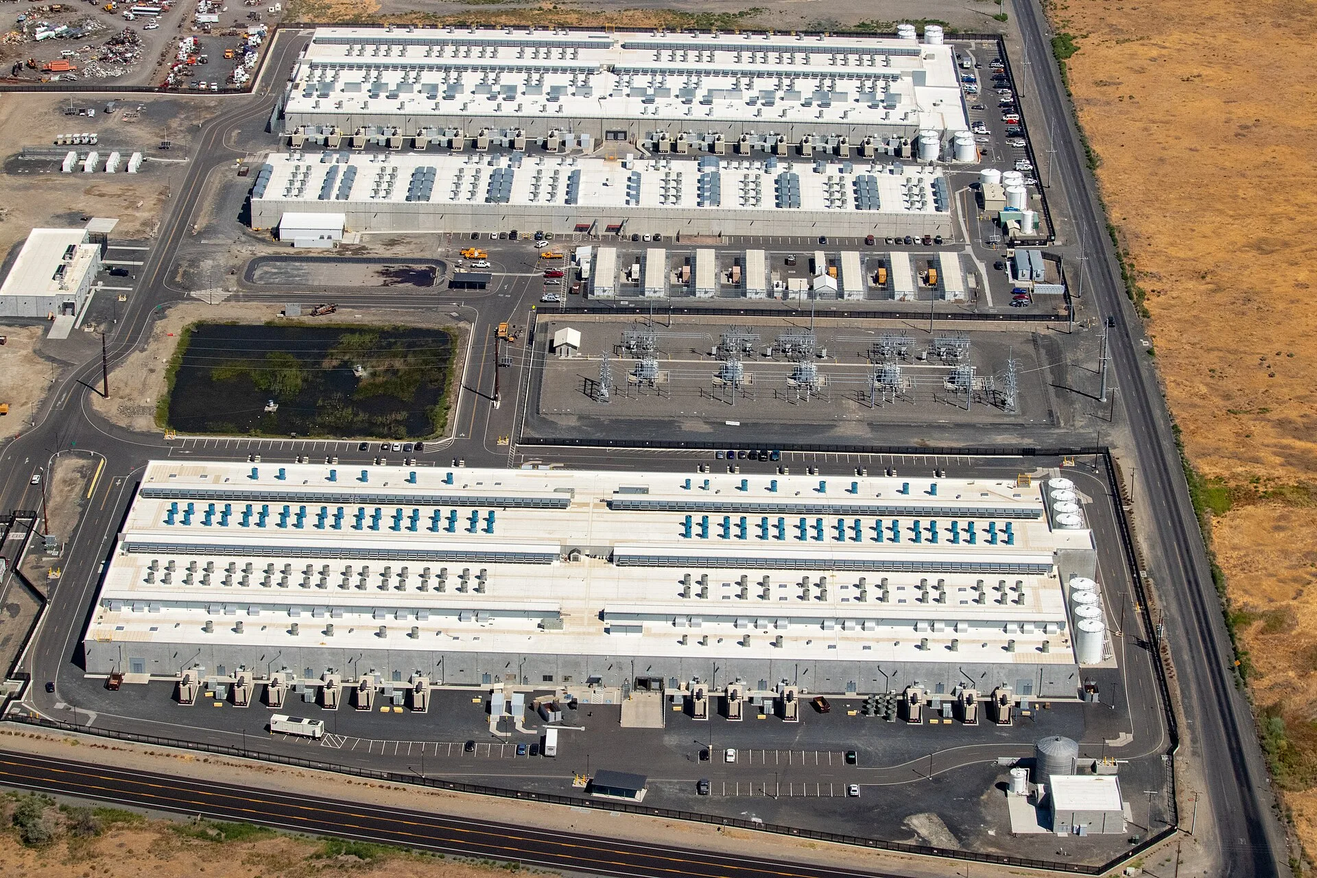 Aerial view of AWS data-centre buildings and electrical infrastructure in Oregon in 2023