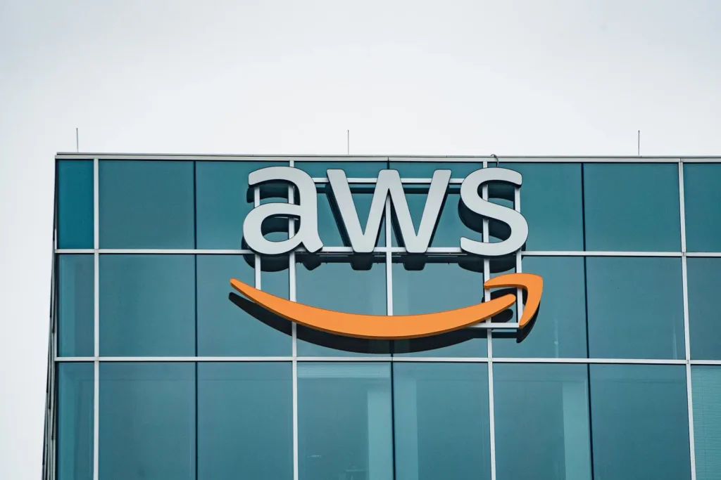 AWS sign on its Houston office building photographed in March 2019