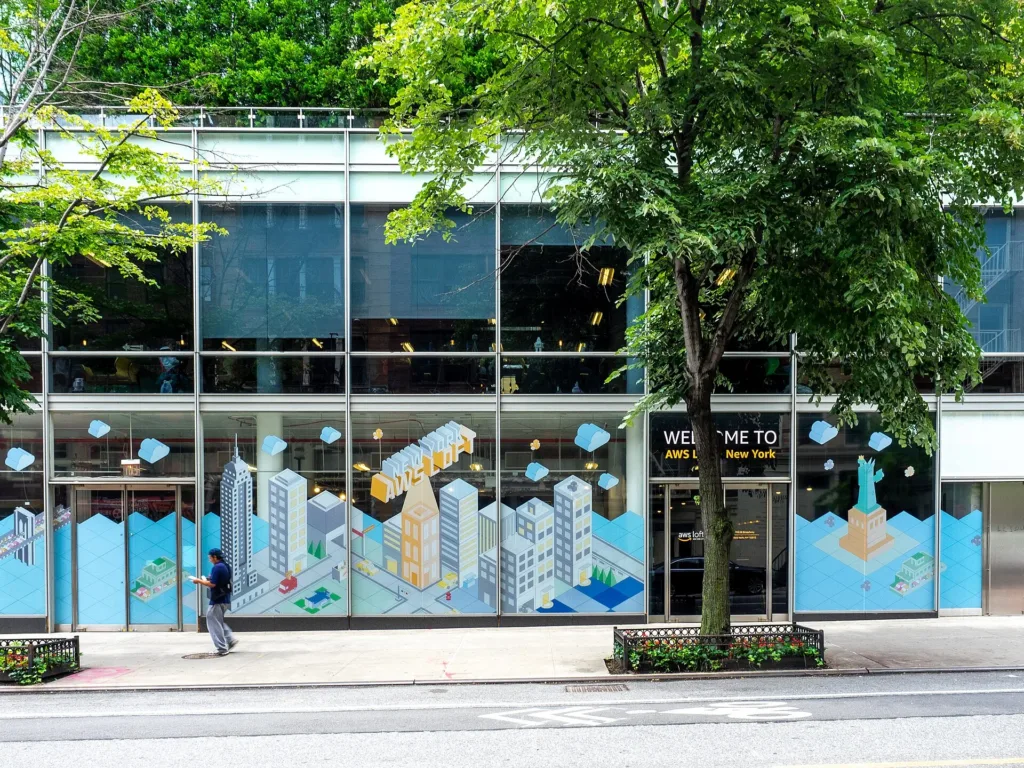 AWS Loft storefront on a New York street in June 2019
