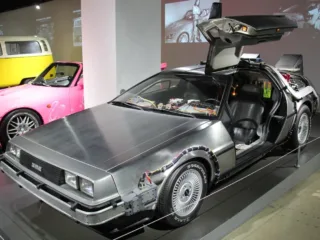 The Back to the Future DeLorean time-machine car on display at the Petersen Automotive Museum