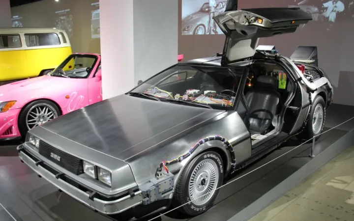 The Back to the Future DeLorean time-machine car on display at the Petersen Automotive Museum