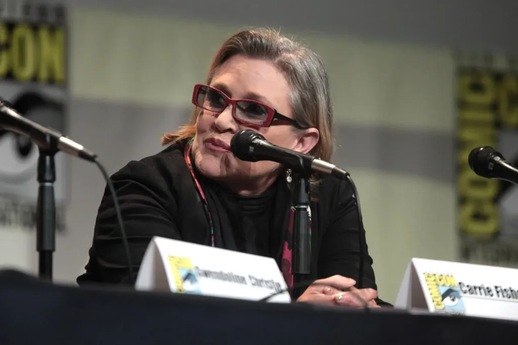 Carrie Fisher speaking at the Star Wars panel at San Diego Comic-Con in 2015