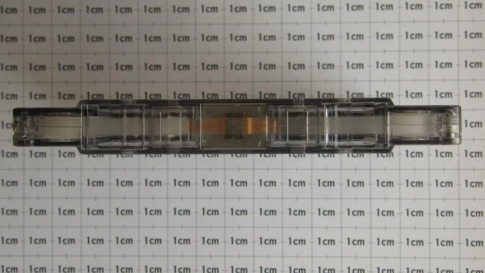 The narrow tape side of a compact audio cassette, showing the exposed recording surface