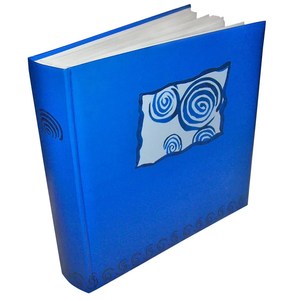 A closed blue paper photograph album