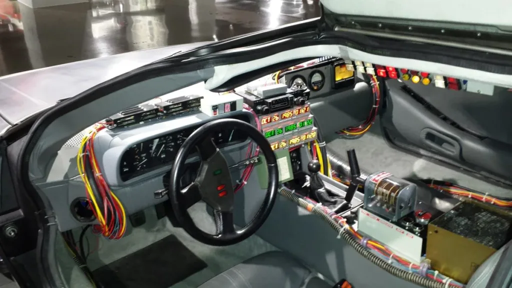 The instrument panel and time-circuit props inside the Back to the Future DeLorean at the Petersen Museum