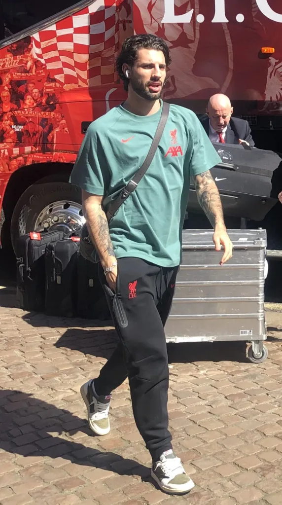 Dominik Szoboszlai arriving in Liverpool training wear in April 2025