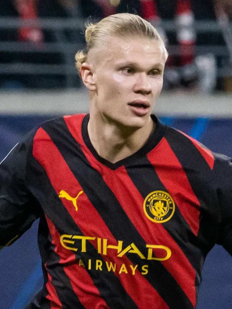 Erling Haaland in Manchester City away kit during a February 2023 Champions League match