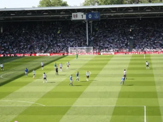 Everton players in blue during their away match at Fulham in May 2025