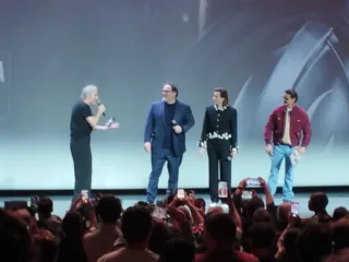 Jon Favreau, Sigourney Weaver and Pedro Pascal onstage at the Grand Rex in Paris in May 2026