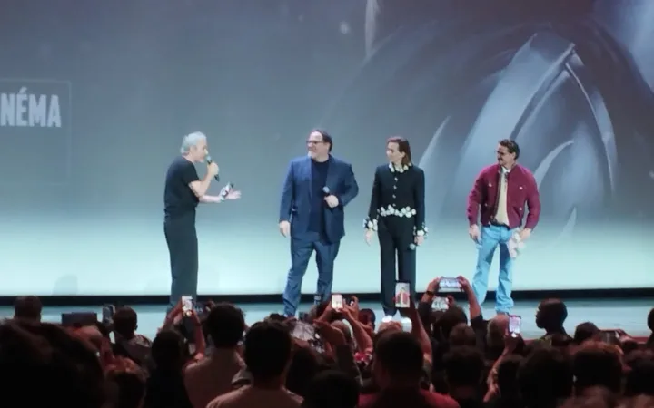 Jon Favreau, Sigourney Weaver and Pedro Pascal onstage at the Grand Rex in Paris in May 2026