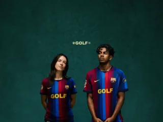 FC Barcelona campaign models wearing the GOLF-branded 2026 collaboration jersey