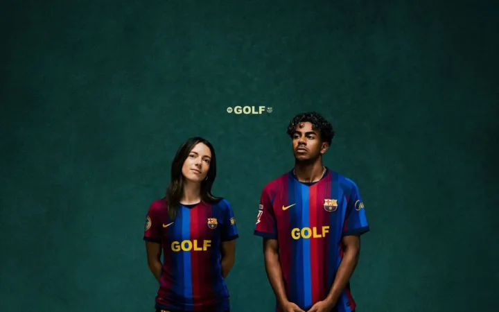 FC Barcelona campaign models wearing the GOLF-branded 2026 collaboration jersey