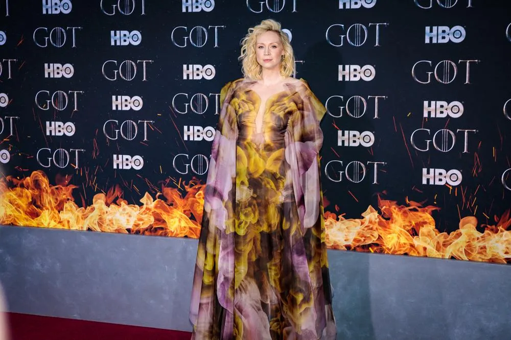 Gwendoline Christie in a flowing patterned dress at the Game of Thrones premiere in 2019