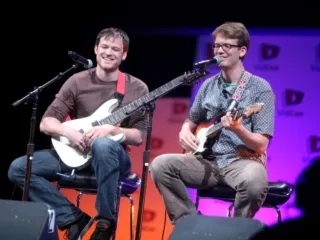 Hank Green, right, performing with Rob Scallon at VidCon in 2014