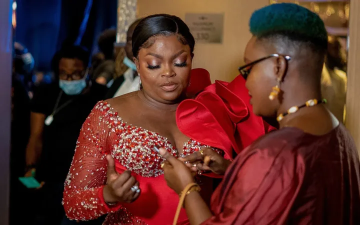 Funke Akindele in a red outfit at the 2021 Africa Movie Academy Awards