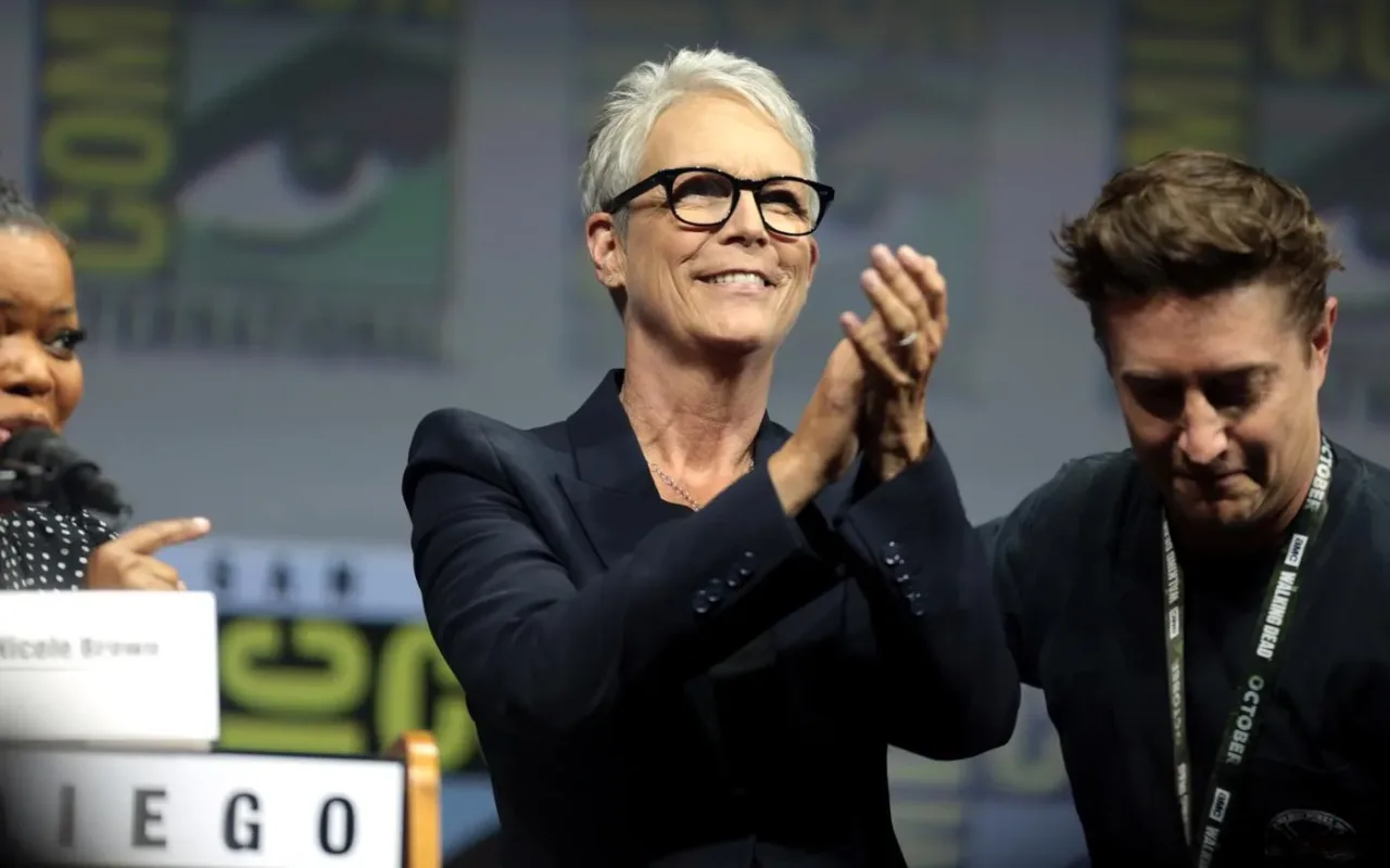 Jamie Lee Curtis applauding at the Halloween panel at San Diego Comic-Con in 2018