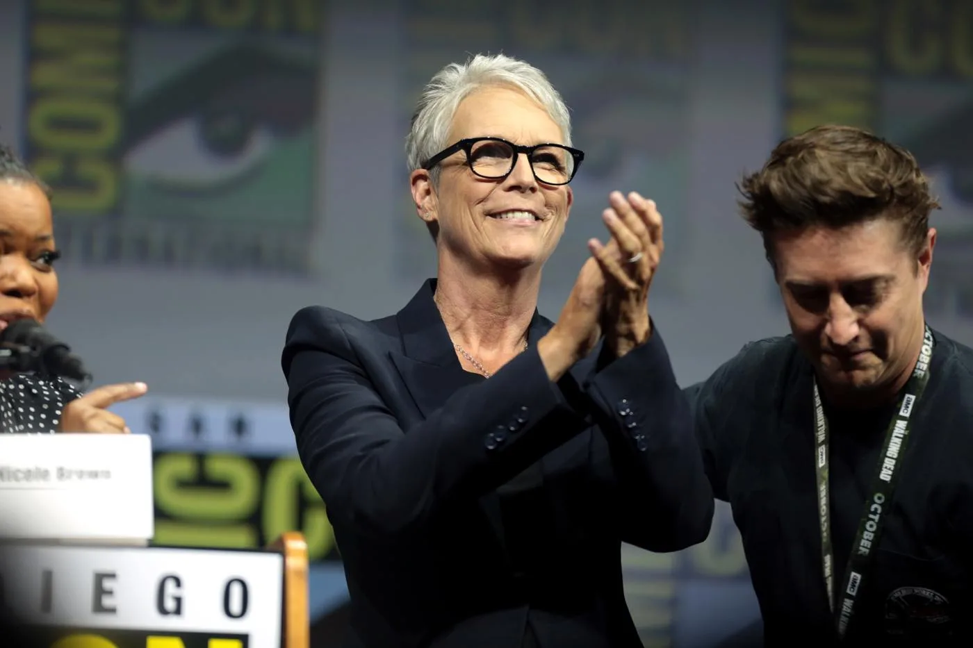 Jamie Lee Curtis applauding at the Halloween panel at San Diego Comic-Con in 2018