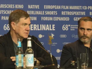 Joaquin Phoenix at right with Gus Van Sant at a Berlin press conference in 2018
