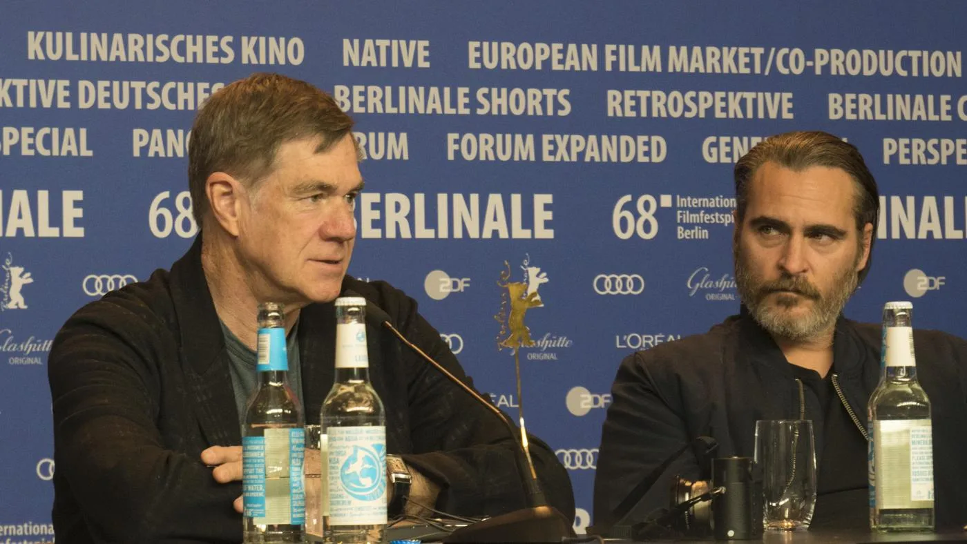 Joaquin Phoenix at right with Gus Van Sant at a Berlin press conference in 2018