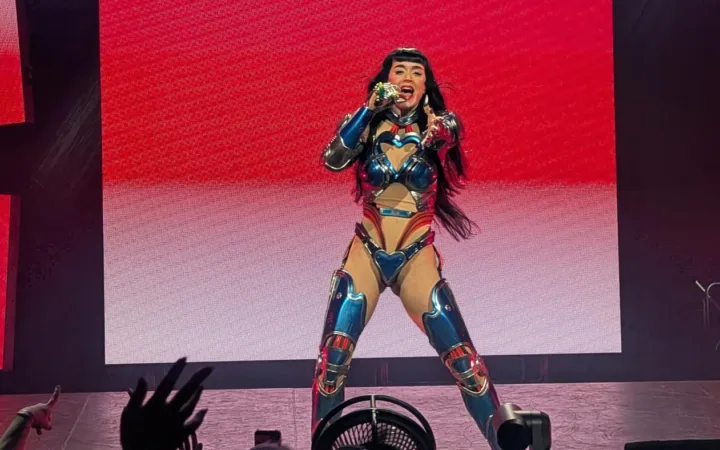 Katy Perry singing on stage during the 2025 Lifetimes Tour in Adelaide