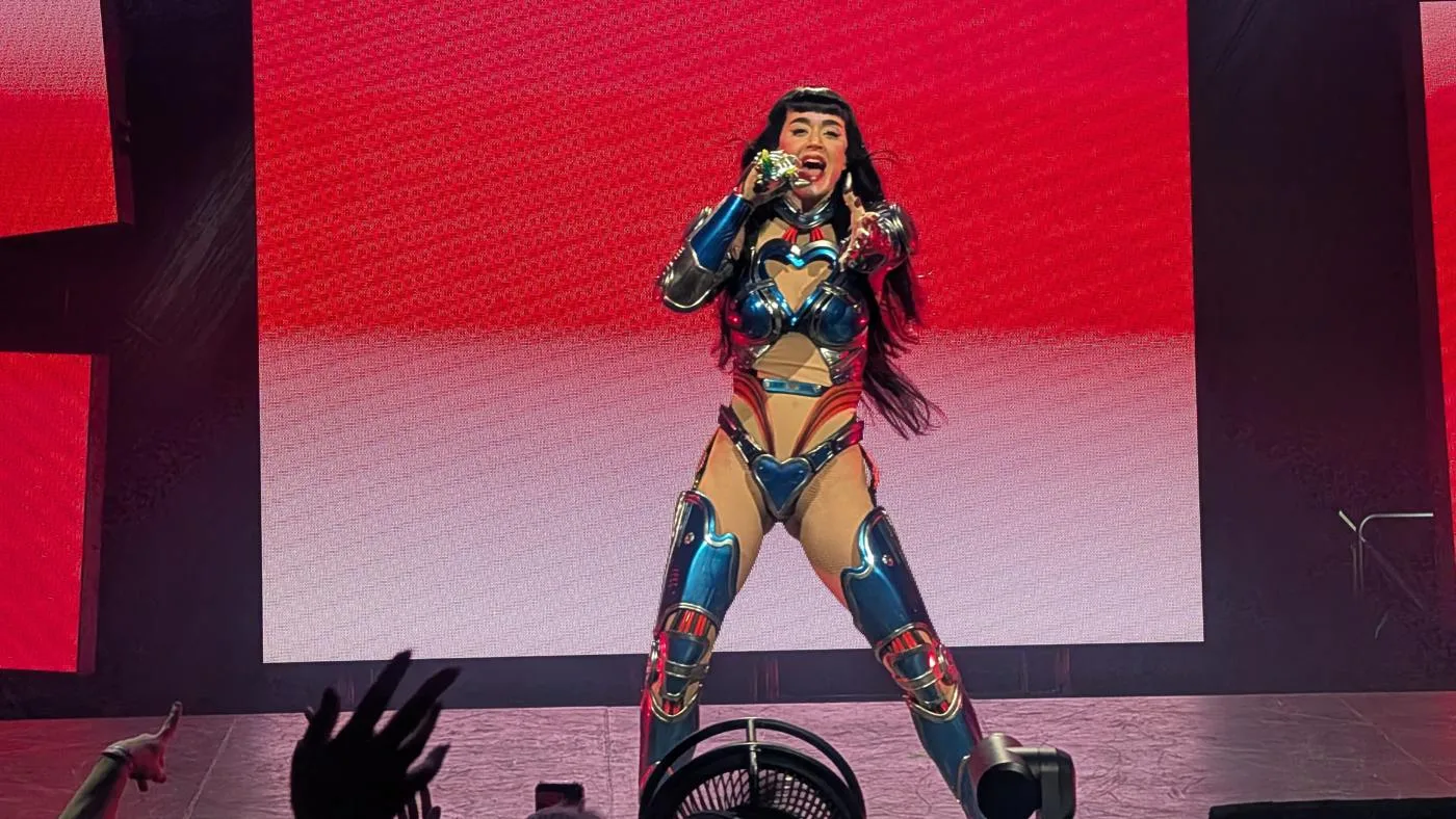 Katy Perry singing on stage during the 2025 Lifetimes Tour in Adelaide