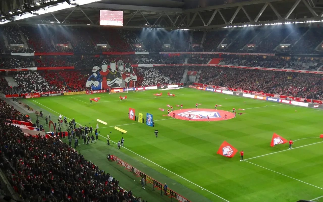 Lille supporters and pitch at Stade Pierre Mauroy before an April 2019 match