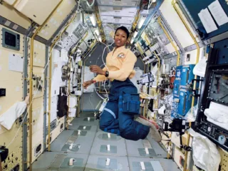 Mae Jemison floats inside the science module aboard Space Shuttle Endeavour during STS-47 in September 1992.