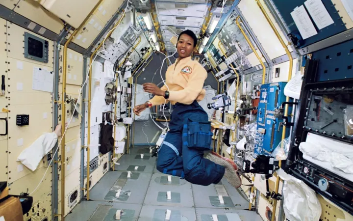 Mae Jemison floats inside the science module aboard Space Shuttle Endeavour during STS-47 in September 1992.