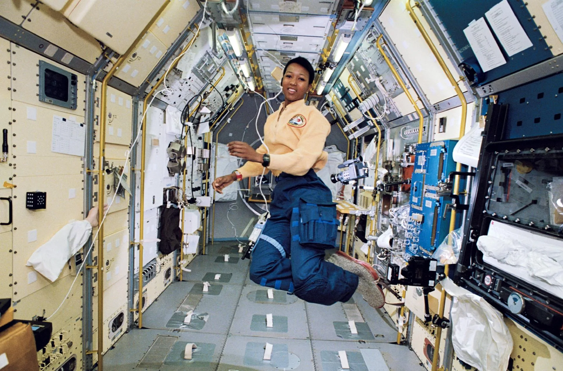 Mae Jemison floats inside the science module aboard Space Shuttle Endeavour during STS-47 in September 1992.