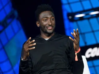 Marques Brownlee speaking on Centre Stage at the Collision conference in Toronto in 2023