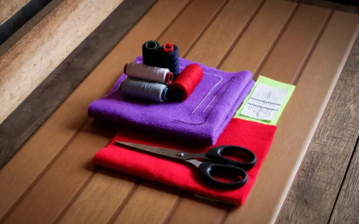 Scissors, thread and hand-sewing needles arranged on colourful fabric on a wooden table