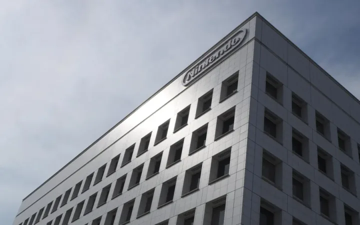 Nintendo’s name on its headquarters building in Kyoto, photographed in April 2024