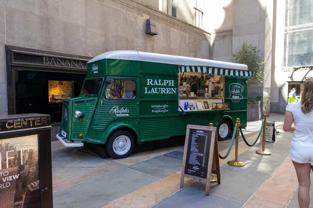 A green Ralph's Coffee van at Rockefeller Center in New York in August 2025