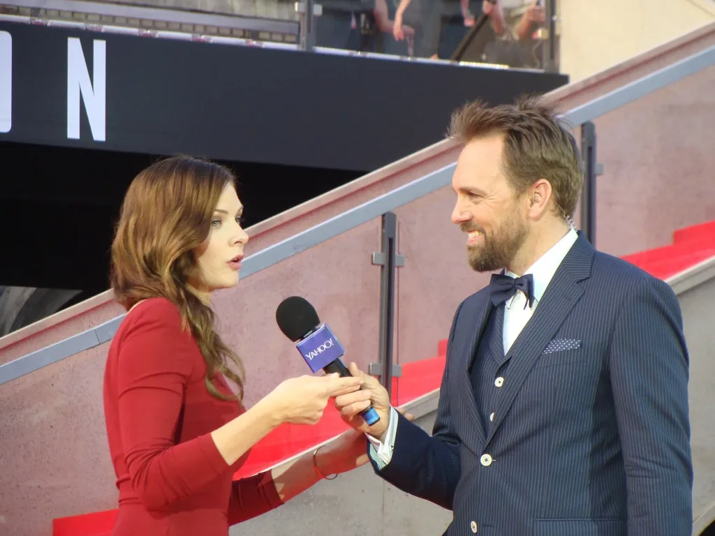 Rebecca Ferguson being interviewed at the Mission Impossible Rogue Nation premiere in Vienna in 2015