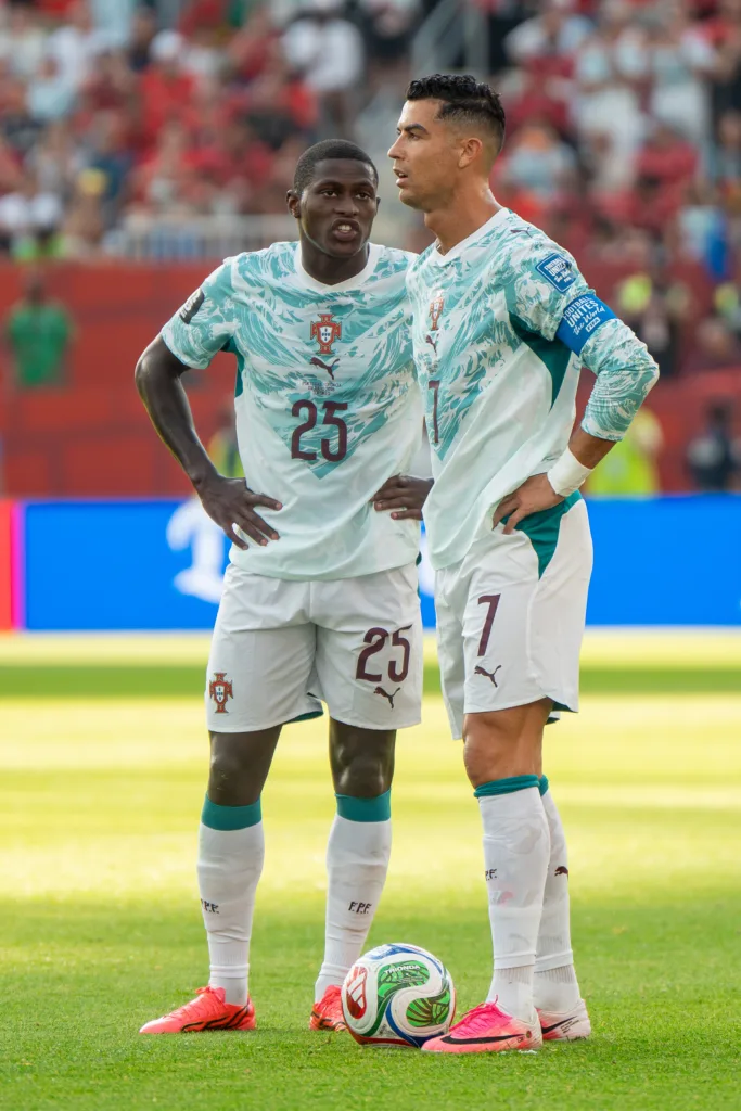 Cristiano Ronaldo and Nuno Mendes playing for Portugal at the 2026 FIFA World Cup