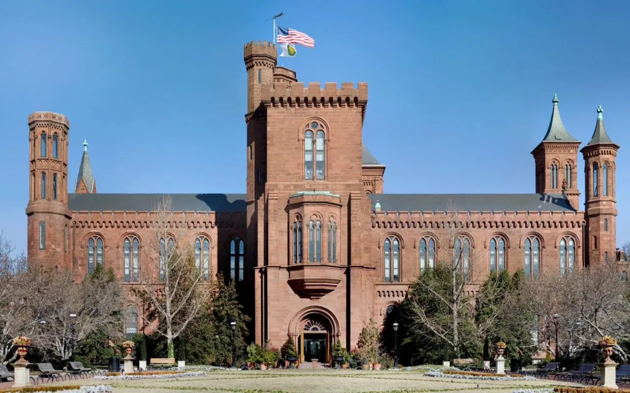 The red sandstone Smithsonian Castle viewed from its courtyard in Washington