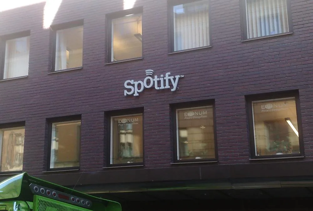 Spotify sign on an early Stockholm office building in 2007