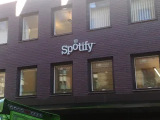Spotify sign on the brick exterior of its Stockholm office in September 2007