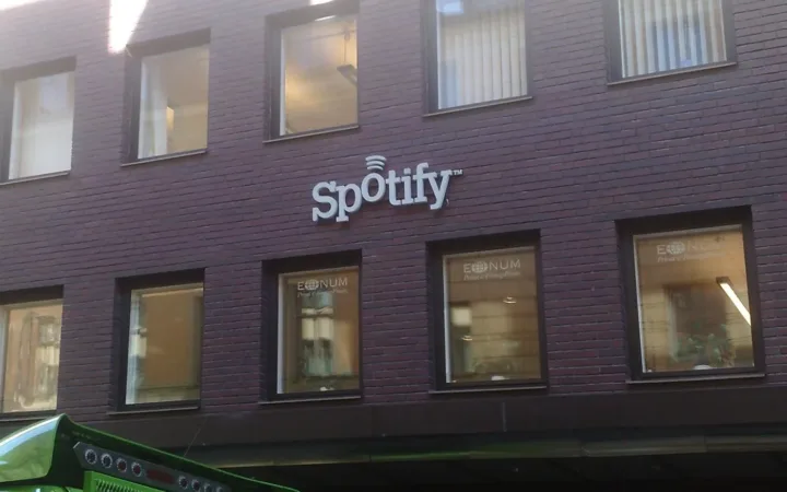 Spotify sign on the brick exterior of its Stockholm office in September 2007