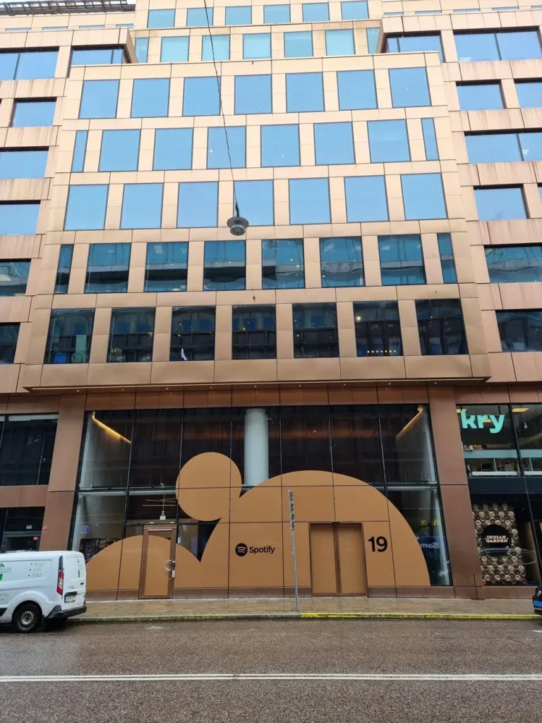 Spotify-branded entrance at its Stockholm headquarters in a 2024 photograph